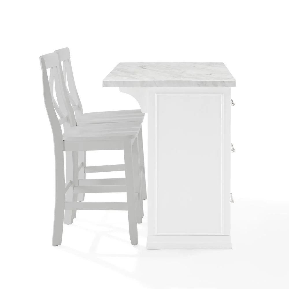 White 3-Piece Wood Kitchen Island with X-Back Stools O410698