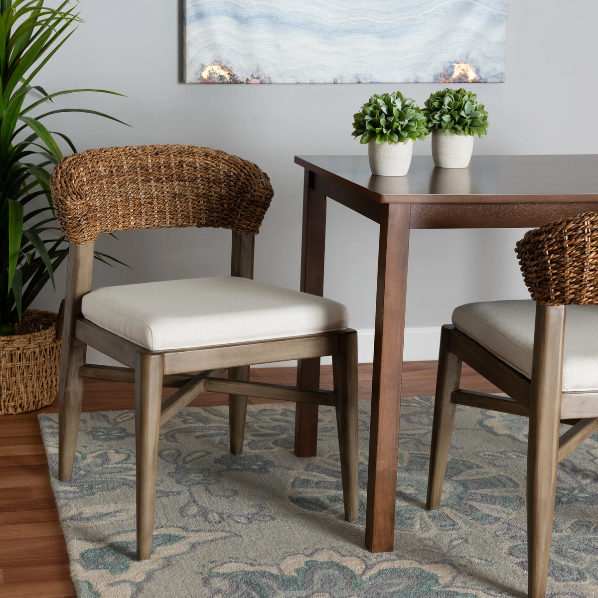 Walnut Brown Mahogany Wood and Rattan Dining Chair U76838
