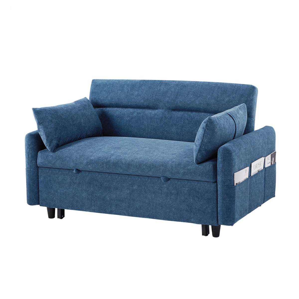 Blue Pull Out Sleep Sofa Bed with Adjustable Backrest and Storage Pockets R2663