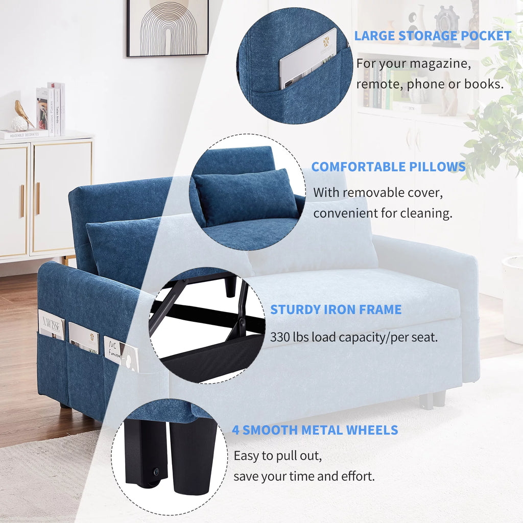 Blue Pull Out Sleep Sofa Bed with Adjustable Backrest and Storage Pockets R2663