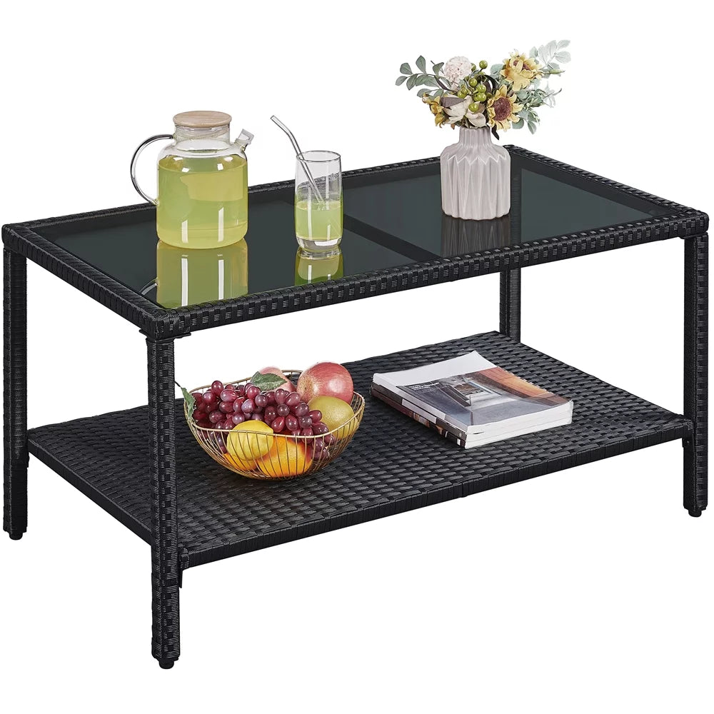 Wicker Rectangular Coffee Table with Tempered Glass Top M6505