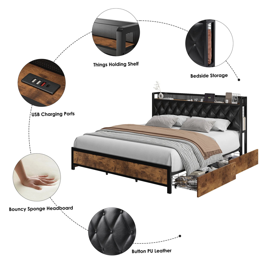 Full Size Black Leather Upholstered Platform Bed Frame with 4 Storage Drawers F382