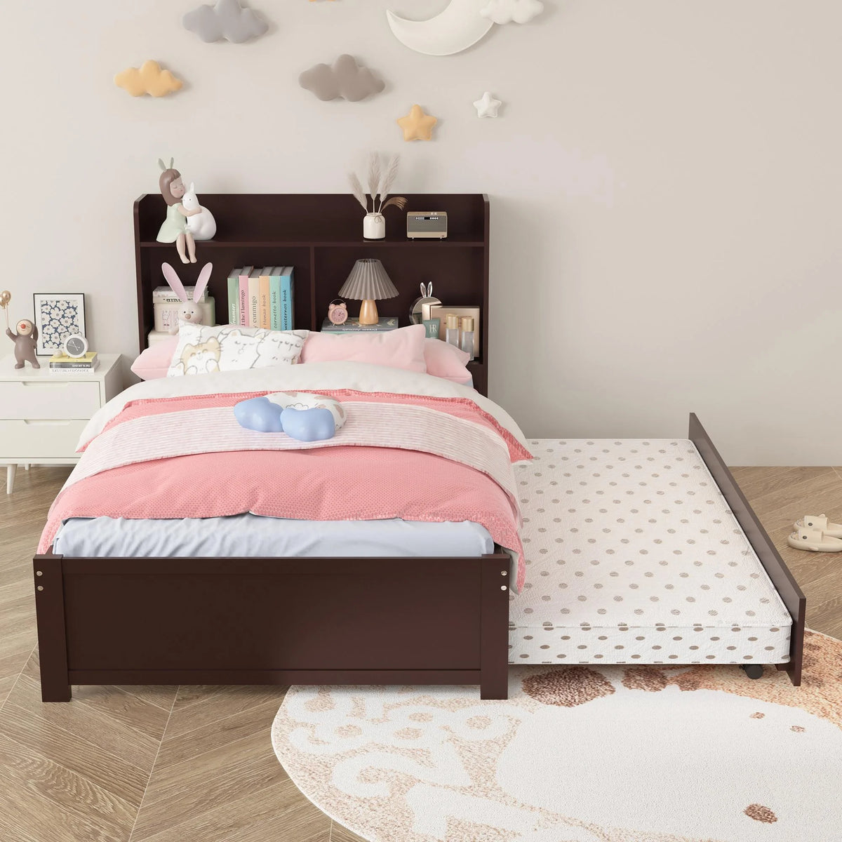 Twin Bed Frame with Trundle and Storage Bookcase P8544