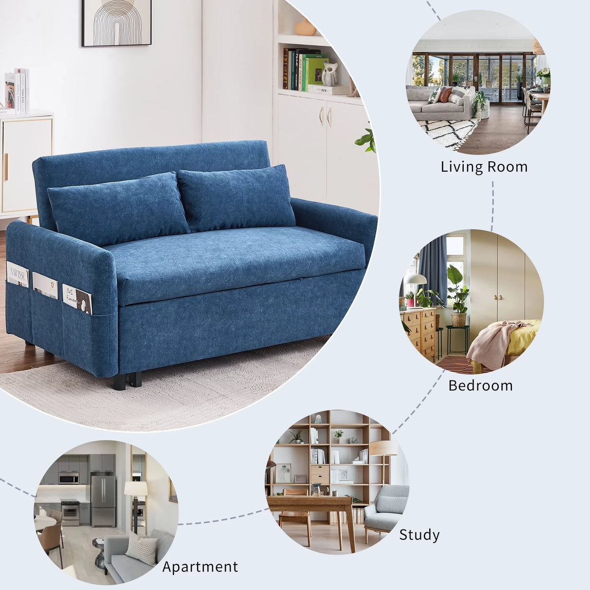 Blue Pull Out Sleep Sofa Bed with Adjustable Backrest and Storage Pockets R2663