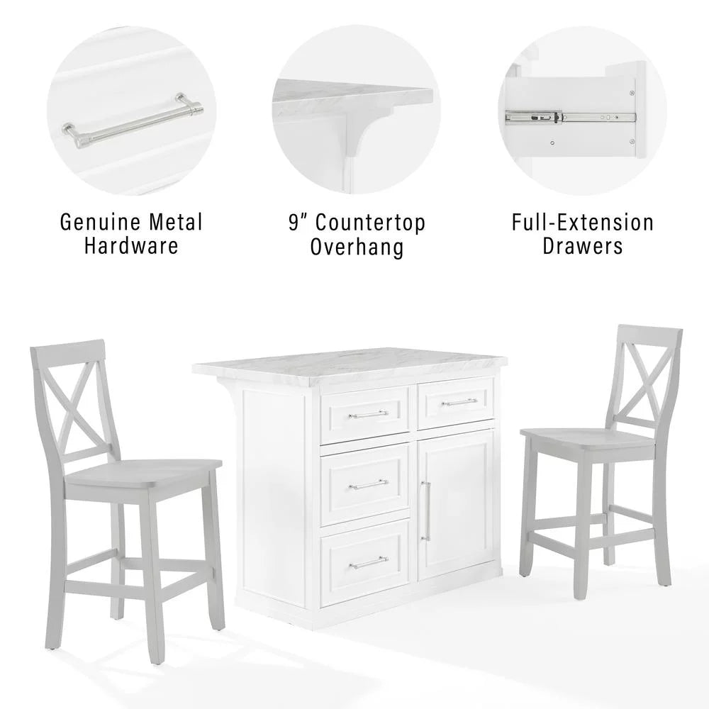 White 3-Piece Wood Kitchen Island with X-Back Stools O410698