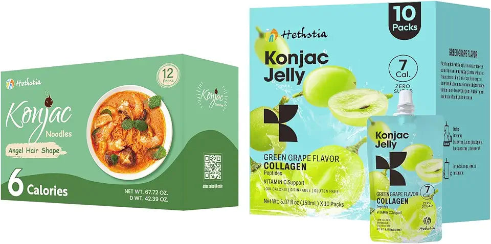 Konjac Jelly Green Grape Flavor with Collagen Peptides 10 Packs and Konjac Angel Hair Gluten Free 12 Packs Low Calorie Sugar Free S961619