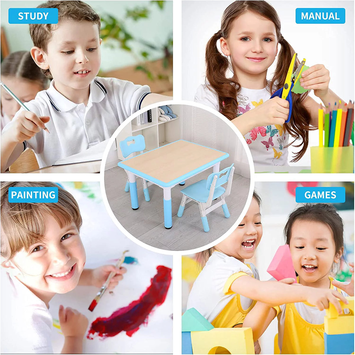 Kids Height Adjustable Plastic Study Table and Chairs Set Z887460