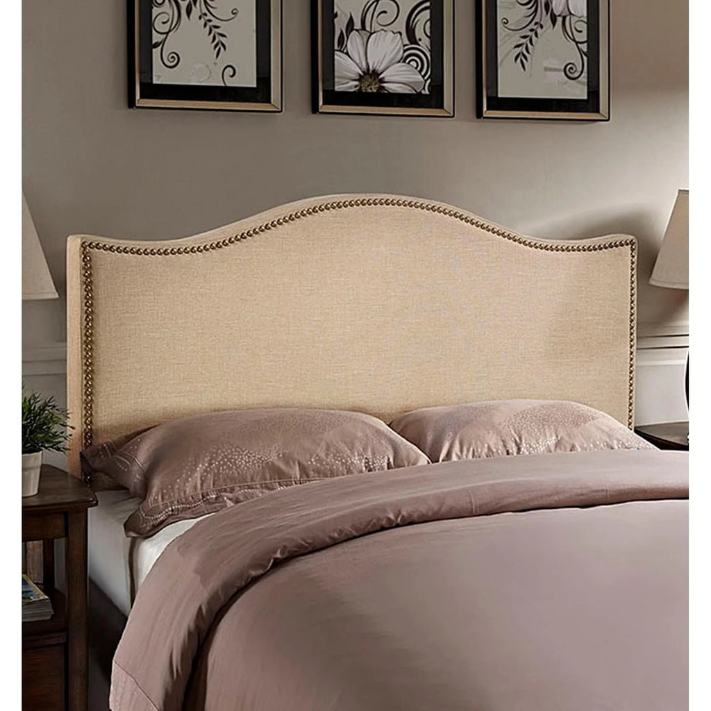 Queen Size Cafe Fabric Headboard with Nailhead Trim A329972